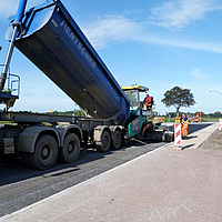 Dumpwagen stort asfalt in een termijnmachine voor het asfalteren van een weg met SamiGrid® composietmateriaal