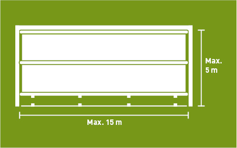 Lubratec rolluikfront met buismotor en gemarkeerde maximale afmetingen - Stabiele oplossing voor openingen tot 15 m met weinig benodigde ruimte