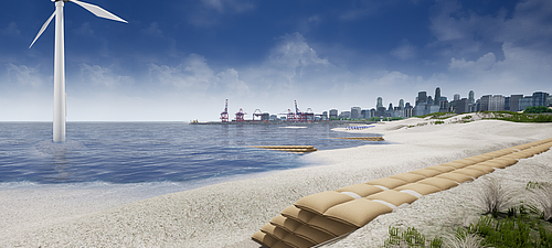 Oeverwallen en beschoeiingen veilig ontworpen met SoilTain Bags van Hüsker SoilTain zandzakken van Huesker als kustmuren en bekledingen op het land en in het water, inclusief bekledingen voor offshore windturbines