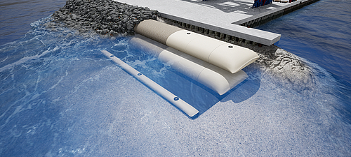 Landwinning en oeverbescherming met SoilTain buizen op het gebied van geotextiel en waterbouw Geotextiel SoilTain kustbeschermingsslang met stromingsbeschermingsmat en wapeningsstenen voor landwinning en oeverbescherming