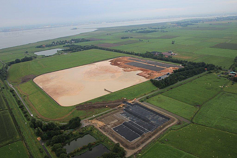 Aerial view of a large landfill site in the countryside