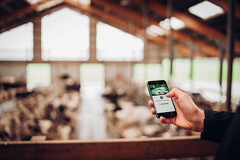 Persoon met mobiele telefoon met gestarte Lubratec SmartApp in de stal voor bewaking van het stalklimaat