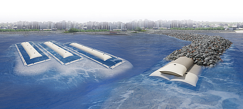 Kribben en golfbrekers gerealiseerd met SoilTain buizen voor effectieve kustbescherming SoilTain-buizen met stromingsbeschermingsmat als centrale structuur en SoilTain-buizen voor kustbescherming, bedekt met wapeningstenen