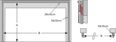 Tekening van de Tectura Stabitor met alternatieve afmetingen, waarbij de deurbreedte B 29 cm breder is. Ideaal voor speciale vereisten en doorgangen