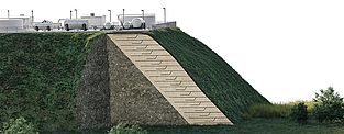 Steile hellingen en keerconstructies met geogrid-versterkte aarde (KBE) KBE-structuren vergroten de draagkracht en kunnen kosteneffectief worden geïntegreerd in de aanleg van pijpleidingen