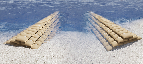 Efficiënt geïmplementeerde kribben en golfbrekers met SoilTain Bags voor erosiebeheersing Twee SoilTain Bags van Hüsker steken vanaf het land de zee in en dienen als innovatieve golfbrekers en strandhoofden.