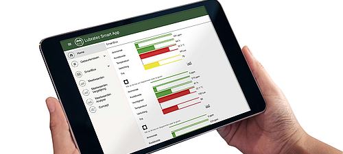 Overzichtelijk dashboard schuurklimaat in de Lubratec SmartApp Persoon houdt tablet met Lubratec SmartApp vast, waarop een duidelijk dashboard voor het stalklimaat te zien is